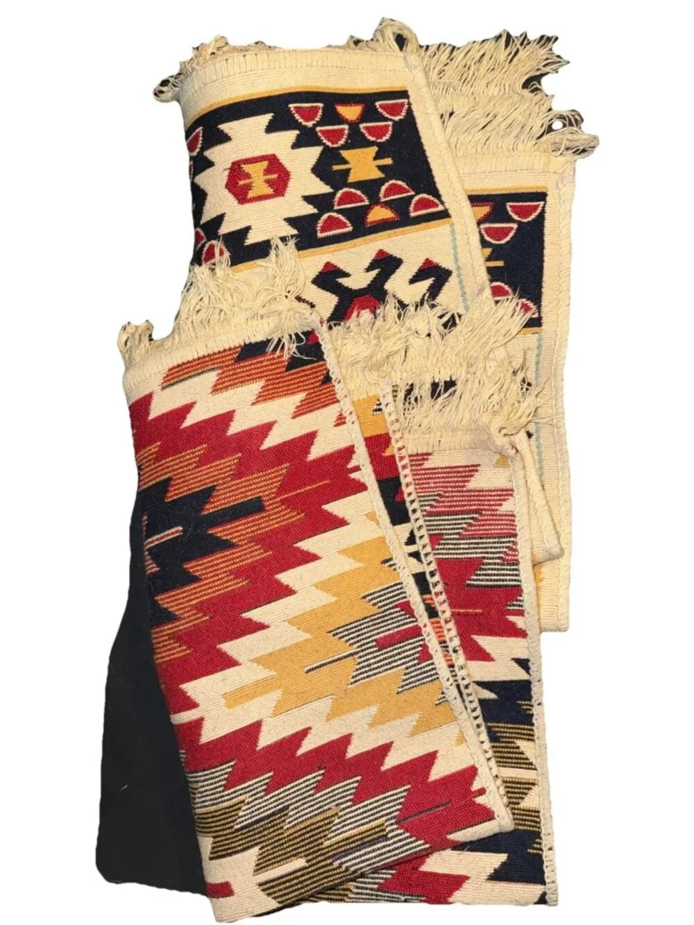 Aztec Indian Mat Rugs (2) Hand Woven Wool Reversible Multicolor 33.5”L x 21.5”W